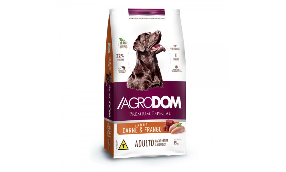 Ração Agrodom Premium Especial 15kg Cães Adultos Médias e Grandes Sabor Carne e Frango